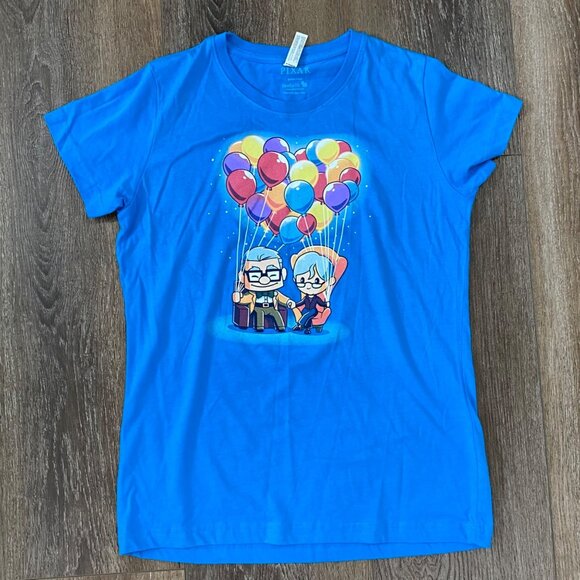 Teeturtle Disney Pixar Ladies Medium Blue T-Shirt Featuring Up Balloon Design - Picture 1 of 7